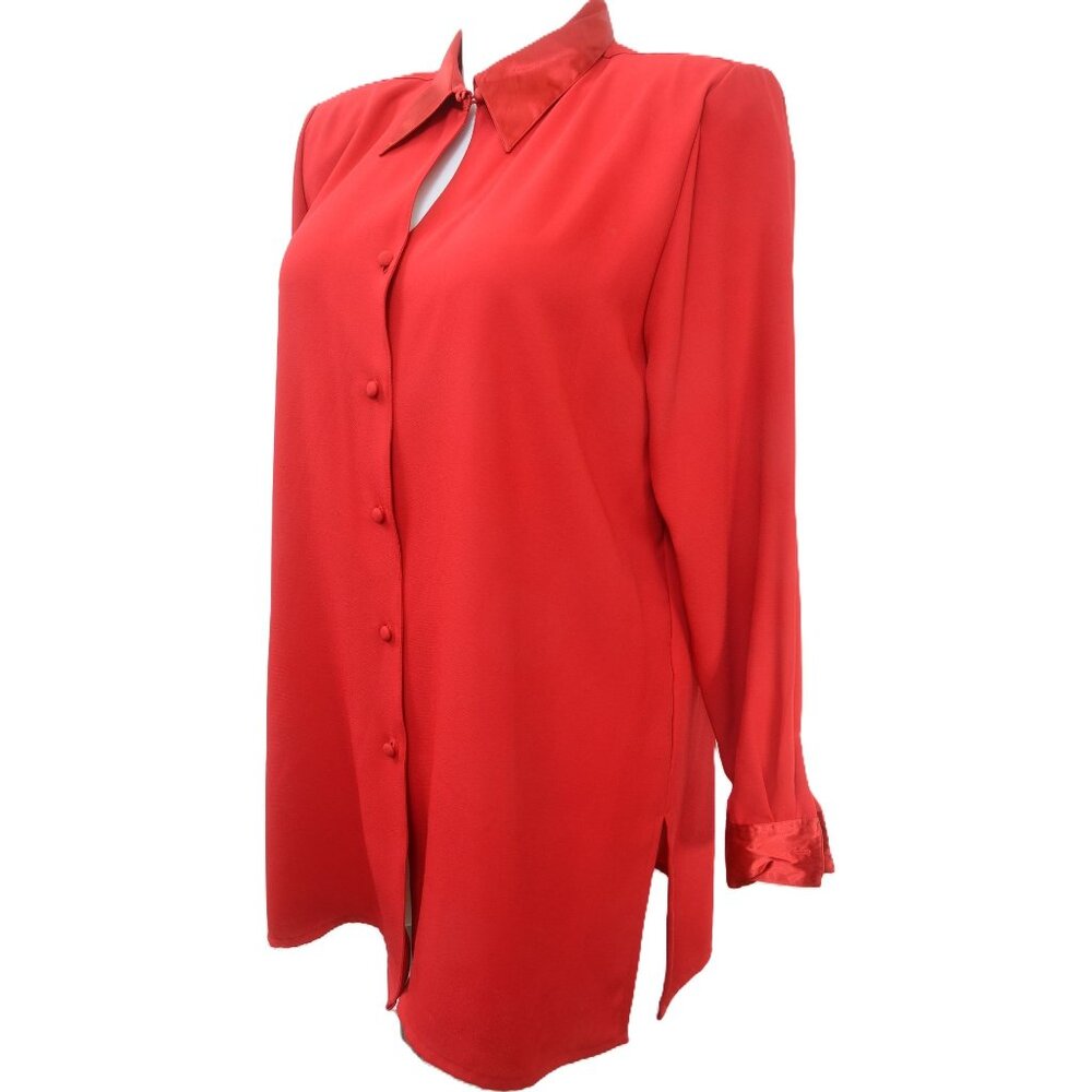 Worthington PLUS Size 18W Red Satin Trim Button Down Tunic‎ Blouse Holiday Form